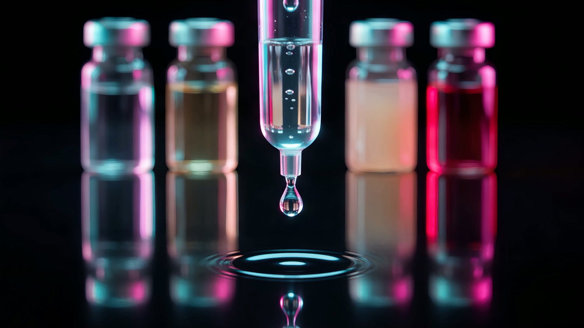 Extreme close-up of a single drop hanging from the tip of an IV drip chamber, lit aqua and pink, a ripple below and a row of clear, amber and ruby vials softly out of focus behind