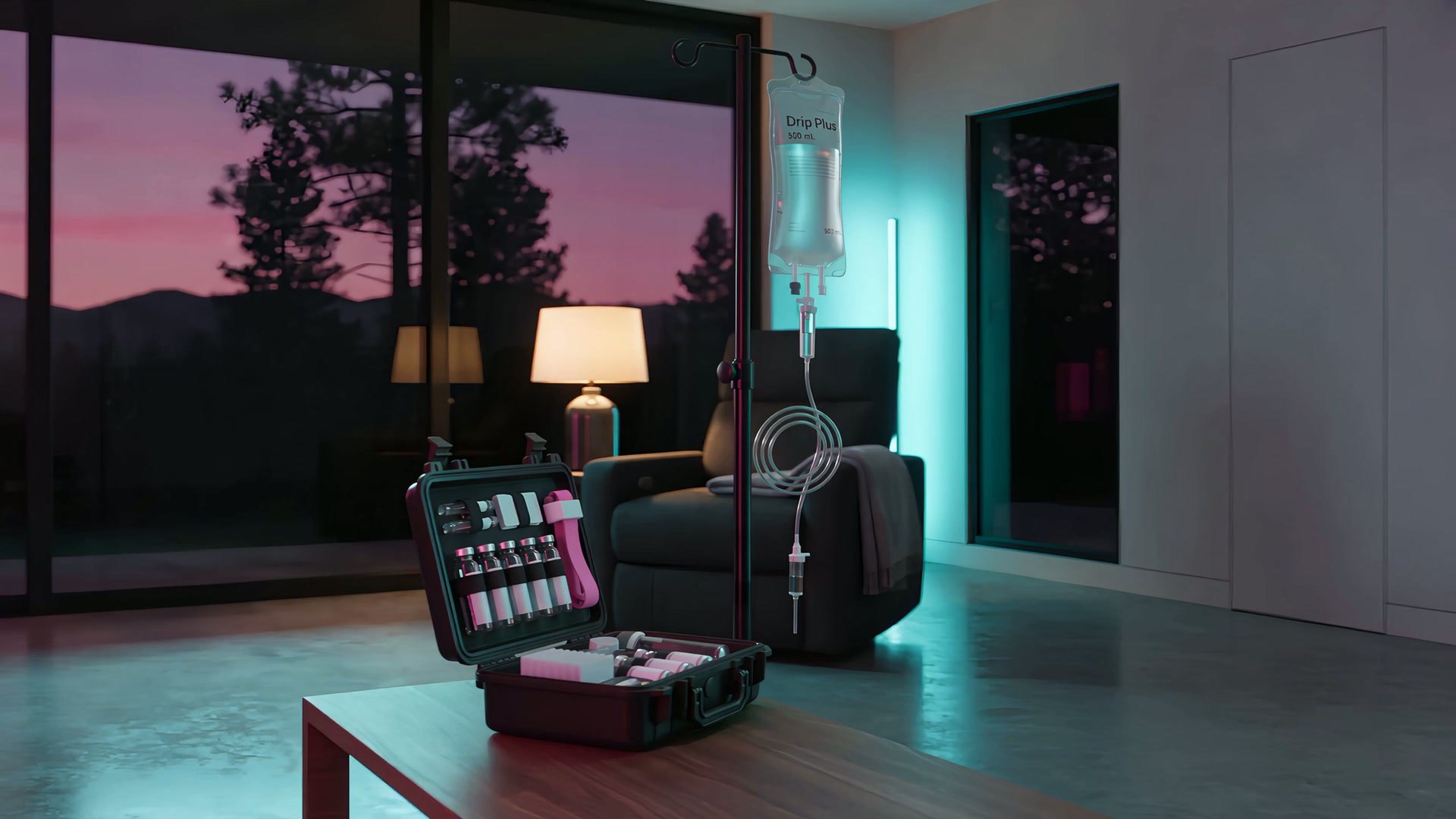 A modern living room at dusk seen from beside an open black nurse's kit: a slim black IV pole with a glowing saline bag, a grey recliner, a warm lamp and pine silhouettes through the window, lit pink and aqua